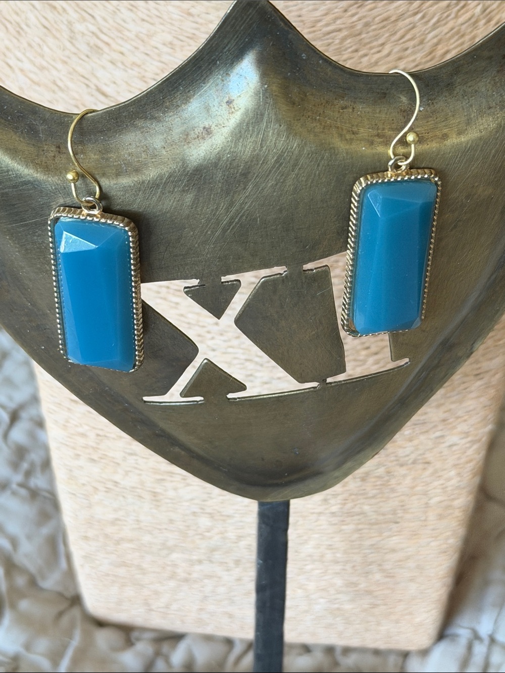 Gold Frame Blue faceted Rectangular Drop Earrings pierced earrings